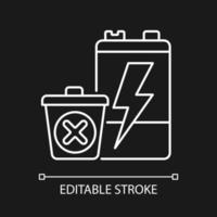 No battery disposal white linear icon for dark theme. Hazardous chemicals leak prevention. Thin line customizable illustration. Isolated vector contour symbol for night mode. Editable stroke