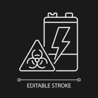 Battery toxicity white linear icon for dark theme. Soil and water pollution. Chemicals leak hazard. Thin line customizable illustration. Isolated vector contour symbol for night mode. Editable stroke