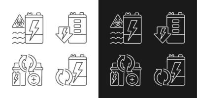 Battery reuse linear icons set for dark and light mode. Prevent environment contamination. E-waste recycling. Customizable thin line symbols. Isolated vector outline illustrations. Editable stroke