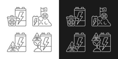 Improper battery disposal linear icons set for dark and light mode. E-waste prohibited landfill. Ecology harm. Customizable thin line symbols. Isolated vector outline illustrations. Editable stroke