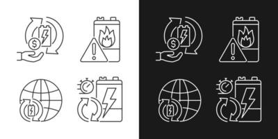 Recycling world industry linear icons set for dark and light mode. Sell old batteries. E-waste processing rate. Customizable thin line symbols. Isolated vector outline illustrations. Editable stroke