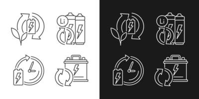 Eco battery disposal linear icons set for dark and light mode. Accumulator reuse. Recycling electronic waste. Customizable thin line symbols. Isolated vector outline illustrations. Editable stroke