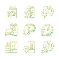 Battery processing gradient linear vector icons set. Accumulators reuse. Recycling technology. E-waste correct disposal. Thin line contour symbols bundle. Isolated outline illustrations collection
