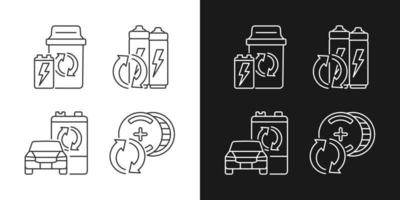 Recyclable battery types linear icons set for dark and light mode. Lithium-ion recycling. Car accumulator reuse. Customizable thin line symbols. Isolated vector outline illustrations. Editable stroke