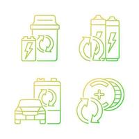 Recyclable battery types gradient linear vector icons set. Lithium-ion battery recycling. Car accumulator reuse. Thin line contour symbols bundle. Isolated outline illustrations collection