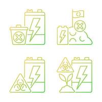 Improper battery disposal gradient linear vector icons set. E-waste prohibited landfill. Accumulator toxicity and harm. Thin line contour symbols bundle. Isolated outline illustrations collection