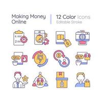Making money online RGB color icons set. Ecommerce platform. Online shopping. Hot deals. Customer satisfaction. Isolated vector illustrations. Simple filled line drawings collection. Editable stroke