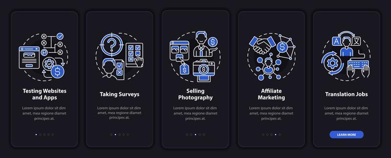Digital profitmaking onboarding mobile app page screen. Selling photos walkthrough 5 steps graphic instructions with concepts. UI, UX, GUI vector template with linear night mode illustrations