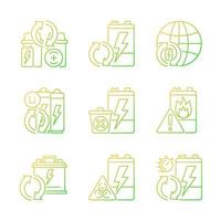 Battery reuse gradient linear vector icons set. Recyclable electronic waste. Accumulator recycling. Correct disposal. Thin line contour symbols bundle. Isolated outline illustrations collection