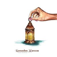 Beautiful hand holding arabic lamp ramadan kareem background vector