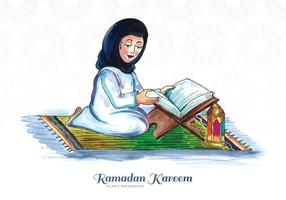 Muslim woman reading quran islamic holy book after praying background vector