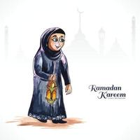 tarjeta de felicitación de ramadán kareem con hermosa mujer musulmana sosteniendo un diseño de linterna árabe vector