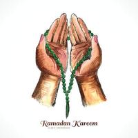 Muslim man hands praying holding rosary ramadan kareem card design vector