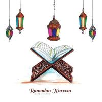 Holy book of the Koran on the stand with arabic lamps ramadan kareem card background vector