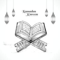 Hand drawn sketch of holy book of the koran on the stand ramadan kareem design vector