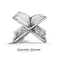 Hand drawn sketch of holy book of the koran on the stand ramadan kareem design vector