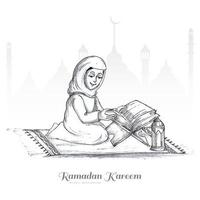 dibujar a mano a una mujer musulmana leyendo el libro sagrado islámico del corán después de rezar el diseño del boceto vector