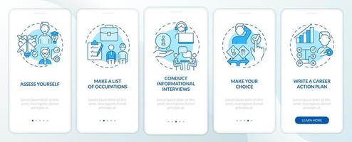 Steps to select career path blue onboarding mobile app screen. Walkthrough 5 steps graphic instructions pages with linear concepts. UI, UX, GUI template. Myriad Pro-Bold, Regular fonts used vector