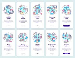 Clinical trials onboarding mobile app screen set. Medicine walkthrough 5 steps graphic instructions pages with linear concepts. UI, UX, GUI template. Myriad Pro-Bold, Regular fonts used vector