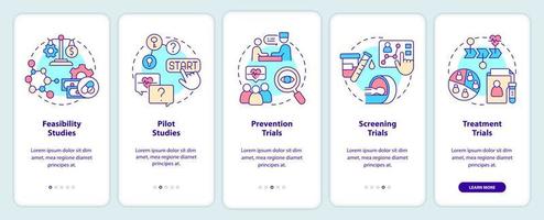 Types of clinical studies onboarding mobile app screen. Research walkthrough 5 steps graphic instructions pages with linear concepts. UI, UX, GUI template. Myriad Pro-Bold, Regular fonts used vector