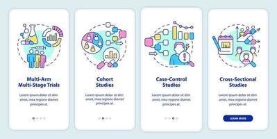 Clinical studies types onboarding mobile app screen. Healthcare walkthrough 4 steps graphic instructions pages with linear concepts. UI, UX, GUI template. Myriad Pro-Bold, Regular fonts used vector