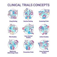 Clinical trials concept icons set. Healthcare study. Science medical research idea thin line color illustrations. Isolated symbols. Editable stroke. Roboto-Medium, Myriad Pro-Bold fonts used vector
