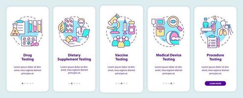 cosas que se probarán al incorporar la pantalla de la aplicación móvil. Investigando tutorial 5 pasos páginas de instrucciones gráficas con conceptos lineales. interfaz de usuario, ux, plantilla de interfaz gráfica de usuario. innumerables fuentes pro-negrita y regulares utilizadas vector