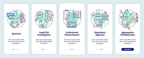 Safety onboarding mobile app screen. Clinical trials protection walkthrough 5 steps graphic instructions pages with linear concepts. UI, UX, GUI template. Myriad Pro-Bold, Regular fonts used