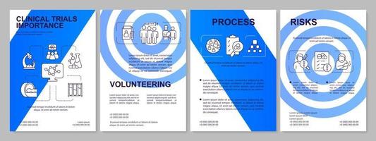 Clinical studies blue brochure template. Medical test program. Leaflet design with linear icons. 4 vector layouts for presentation, annual reports. Arial, Myriad Pro-Regular fonts used