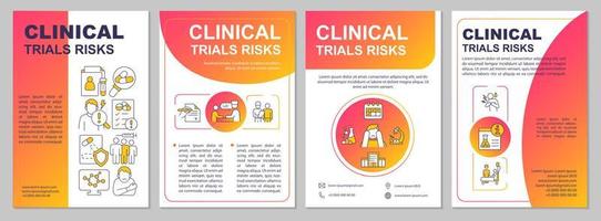 Clinical trials risks red gradient brochure template. Side effects. Leaflet design with linear icons. 4 vector layouts for presentation, annual reports. Arial, Myriad Pro-Regular fonts used