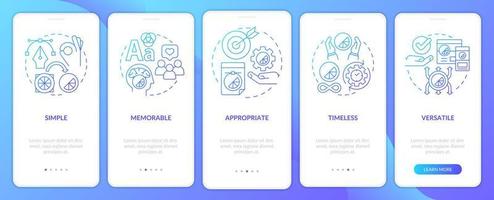 Logo design characteristics blue gradient onboarding mobile app screen. Walkthrough 5 steps graphic instructions pages with linear concepts. UI, UX, GUI template. Myriad Pro-Bold, Regular fonts used vector