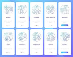 Design principles blue gradient onboarding mobile app screen set. Content walkthrough 5 steps graphic instructions pages with linear concepts. UI, UX, GUI template. Myriad Pro-Bold, Regular fonts used vector