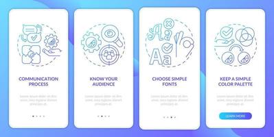 Graphic design rules blue gradient onboarding mobile app screen. Visual walkthrough 4 steps graphic instructions pages with linear concepts. UI, UX, GUI template. Myriad Pro-Bold, Regular fonts used vector