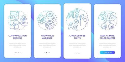 reglas de diseño gráfico pantalla de aplicación móvil de incorporación de degradado azul. tutorial visual de 4 pasos páginas de instrucciones gráficas con conceptos lineales. interfaz de usuario, ux, plantilla de interfaz gráfica de usuario. innumerables fuentes pro-negrita y regulares utilizadas vector