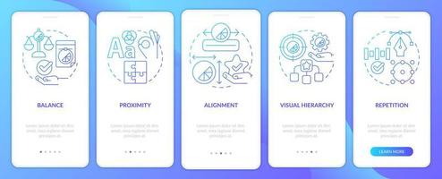 Graphic design principles blue gradient onboarding mobile app screen. Art walkthrough 5 steps graphic instructions pages with linear concepts. UI, UX, GUI template. Myriad Pro-Bold, Regular fonts used vector