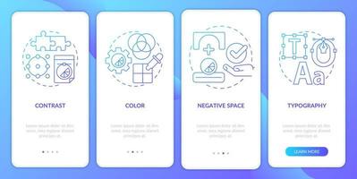 Principles of graphic design blue gradient onboarding mobile app screen. Walkthrough 4 steps graphic instructions pages with linear concepts. UI, UX, GUI template. Myriad Pro-Bold, Regular fonts used vector