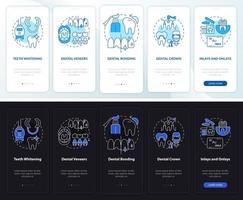 Esthetic dentistry types night and day mode onboarding mobile app screen. Walkthrough 5 steps graphic instructions pages with linear concepts. UI, UX, GUI template. Myriad Pro-Bold, Regular fonts used vector