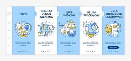 Periodontal disease prevention blue onboarding template. Regular cleaning. Responsive mobile website with linear concept icons. Web page walkthrough 5 step screens. Lato-Bold, Regular fonts used vector