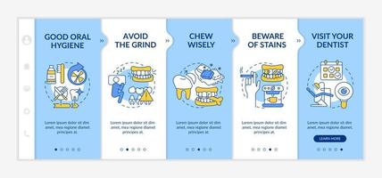 Dental veneers aftercare blue onboarding template. Beware of stains. Responsive mobile website with linear concept icons. Web page walkthrough 5 step screens. Lato-Bold, Regular fonts used vector