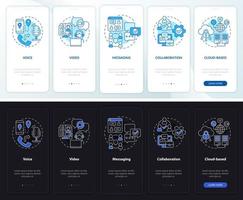 UCaaS functions night and day mode onboarding mobile app screen. Service walkthrough 5 steps graphic instructions pages with linear concepts. UI, UX, GUI template. Myriad Pro-Bold, Regular fonts used vector