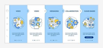 UCaaS functions blue and white onboarding template. Communication system. Responsive mobile website with linear concept icons. Web page walkthrough 5 step screens. Lato-Bold, Regular fonts used vector