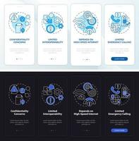 UCaaS risks night and day mode onboarding mobile app screen. Net issues walkthrough 4 steps graphic instructions pages with linear concepts. UI, UX, GUI template. Myriad Pro-Bold, Regular fonts used vector