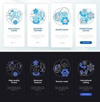 Benefits of VOIP night and day mode onboarding mobile app screen. Service walkthrough 4 steps graphic instructions pages with linear concepts. UI, UX, GUI template. Myriad Pro-Bold, Regular fonts used vector