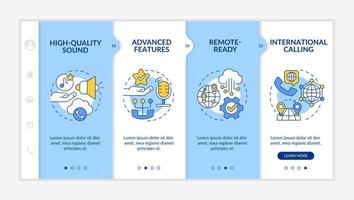 Benefits of VOIP blue and white onboarding template. IP telephony. Responsive mobile website with linear concept icons. Web page walkthrough 4 step screens. Lato-Bold, Regular fonts used vector