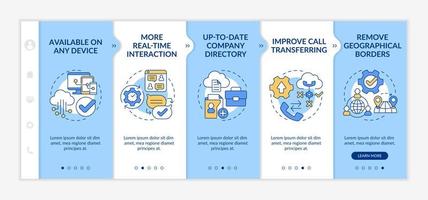 UCaaS benefits blue and white onboarding template. Business process. Responsive mobile website with linear concept icons. Web page walkthrough 5 step screens. Lato-Bold, Regular fonts used vector