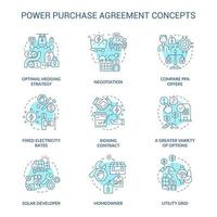 acuerdo de compra de energía conjunto de iconos de concepto turquesa. venta de energía eléctrica. idea de relación comercial ilustraciones en color de línea delgada. símbolos aislados. roboto-medium, innumerables fuentes pro-bold utilizadas vector