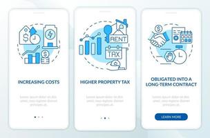 Disadvantages of PPA blue onboarding mobile app screen. Issues walkthrough 3 steps graphic instructions pages with linear concepts. UI, UX, GUI template. Myriad Pro-Bold, Regular fonts used vector