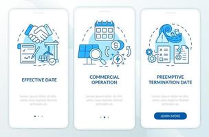 Contract timeline of PPA blue onboarding mobile app screen. Electricity walkthrough 3 steps graphic instructions pages with linear concepts. UI, UX, GUI template. Myriad Pro-Bold, Regular fonts used vector