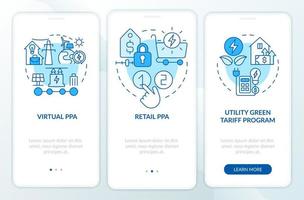 Types of PPA blue onboarding mobile app screen. Agreement definitions walkthrough 3 steps graphic instructions pages with linear concepts. UI, UX, GUI template. Myriad Pro-Bold, Regular fonts used