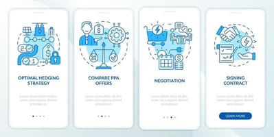 PPA work blue blue gradient onboarding mobile app screen. Electric energy walkthrough 4 steps graphic instructions pages with linear concepts. UI, UX, GUI template. Myriad Pro-Bold, Regular fonts used vector